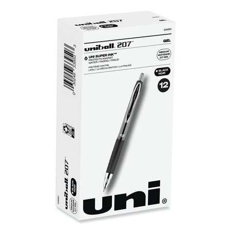 UNI-BALL Signo 207 Gel Pen, Retractable, Medium 0.7 mm, Black Ink/Barrel, PK12 33950